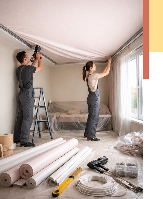 Монтаж цветного натяжного потолка в Михайловке от 4270 руб/м² — быстро и недорого | ОТДЕЛОЧНИК-Мхл