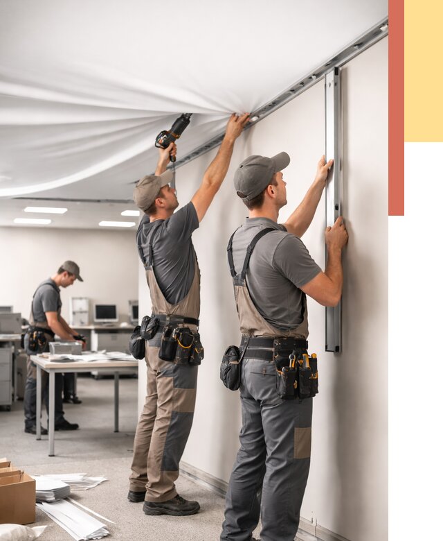 Монтаж натяжного потолка в офисе в Михайловке от 458 руб/м² — быстро и недорого | ОТДЕЛОЧНИК-Мхл