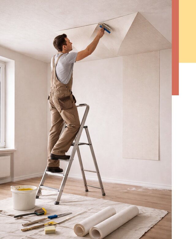 Поклейка обоев на потолок в Михайловке от 4575 руб. быстро и недорого | ОТДЕЛОЧНИК-Мхл